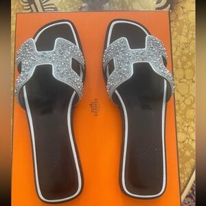 Hermes Black and Silver Embellished Sandals